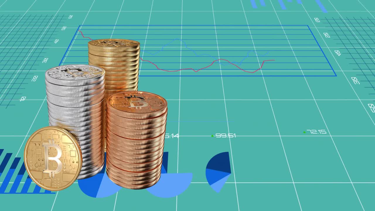 緑色の背景に、金融データ処理の上に積まれたビットコインの山