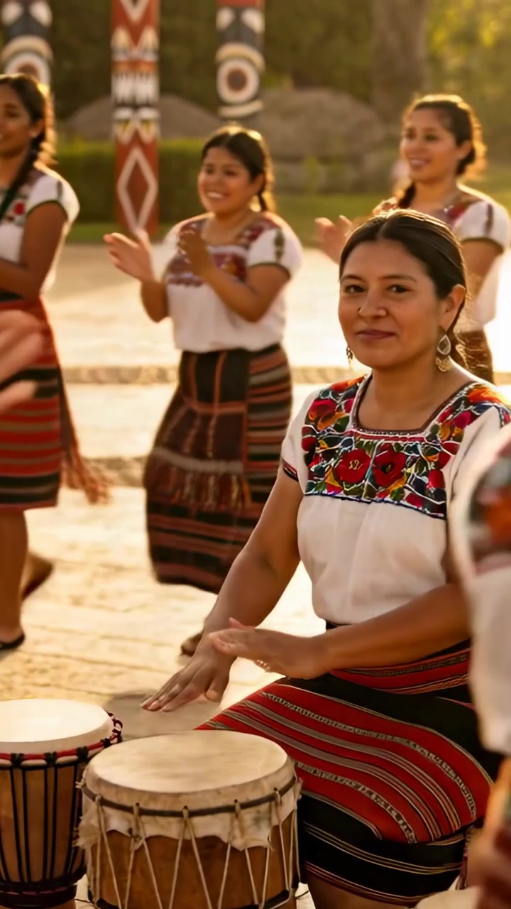 Vídeo vertical: Tocando tambor de mão, tamborileiro com saia bordada guiando dançarinos em uma tradição na praça