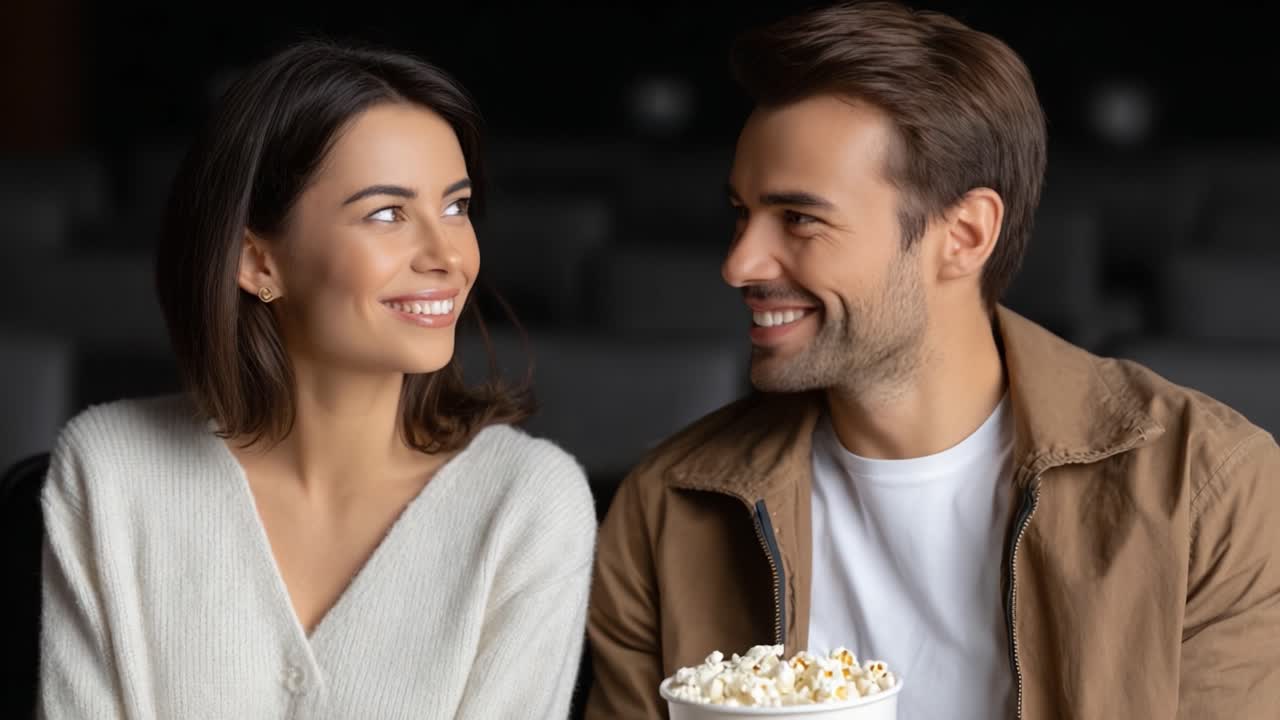 Joyful Moments: A Couple Enjoys Each Other's Company While Sharing Popcorn in a Cozy Setting, Capturing Laughter and Connection at the Movies