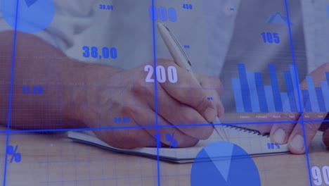 animación del procesamiento de datos financieros sobre las manos de un empresario caucásico tomando notas en la oficina