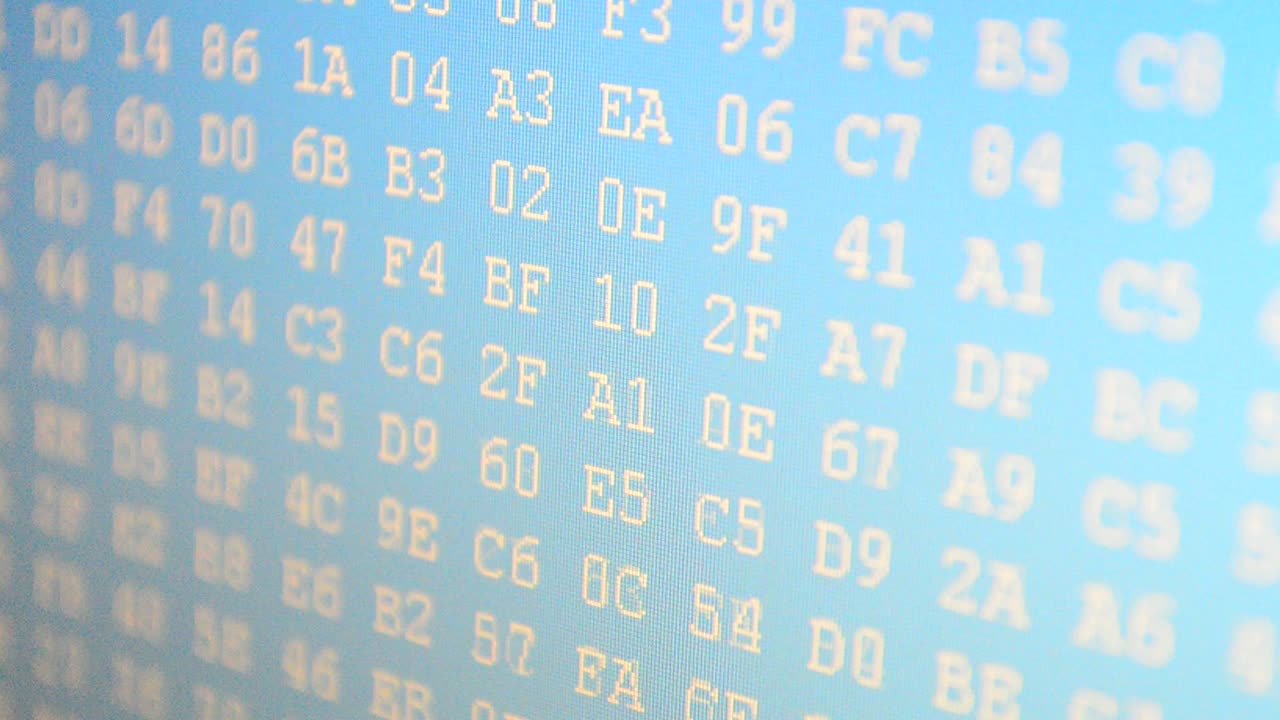 Digital coding. The movement of a code on the screen. Hexadecimal program code on screen. Animated background of moving binary code numbers