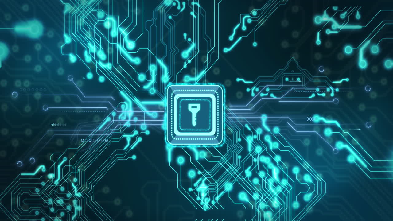 Animation of computer circuit board with data processing and key
