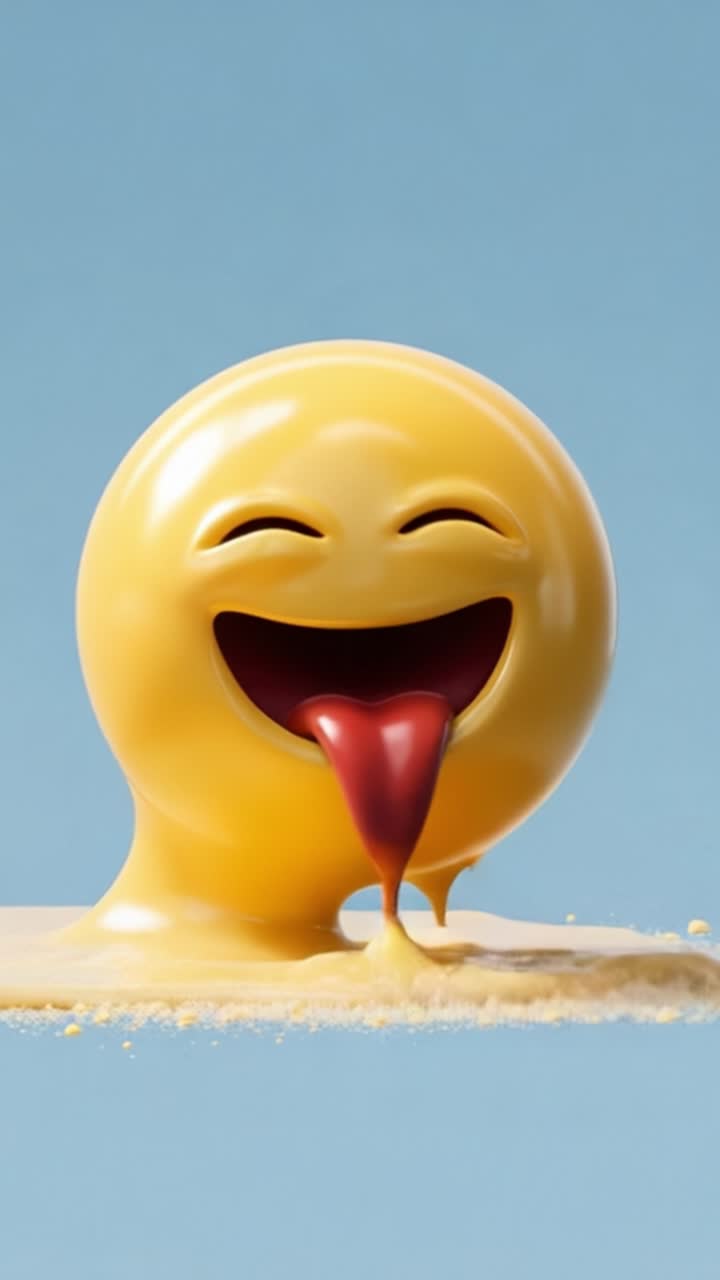 Personaggio animato gioioso che fa un'espressione giocosa con una sostanza gialla che cola su uno sfondo blu tenue in due fotogrammi di una sequenza video