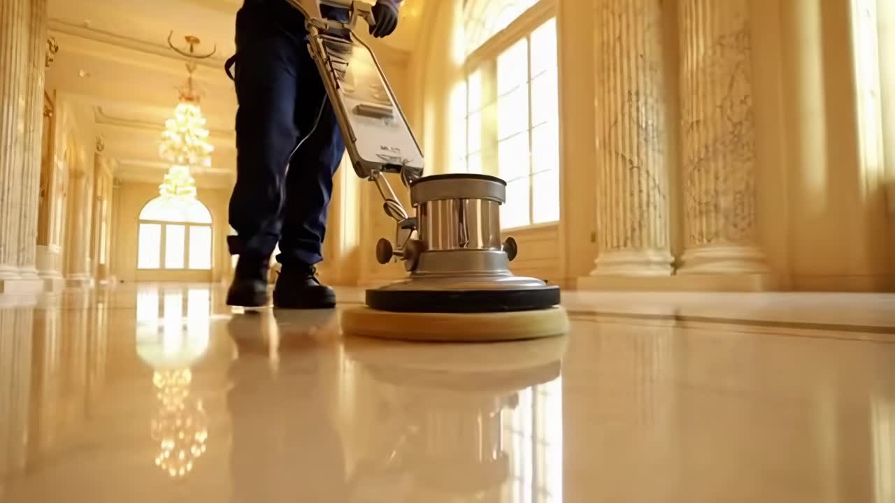 Video con angolazione dal basso di una lucidatrice per pavimenti che pulisce una superficie in marmo in un elegante corridoio