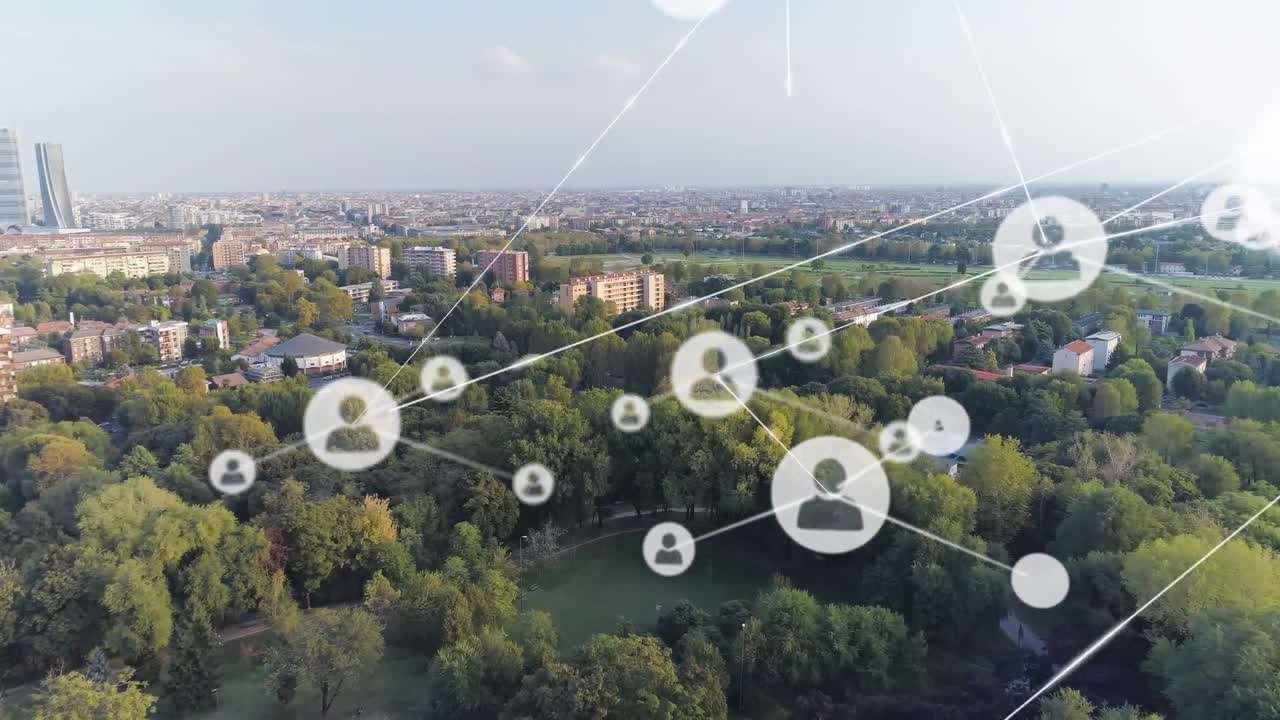 도시 풍경 위의 아이콘으로 연결된 네트워크의 애니메이션