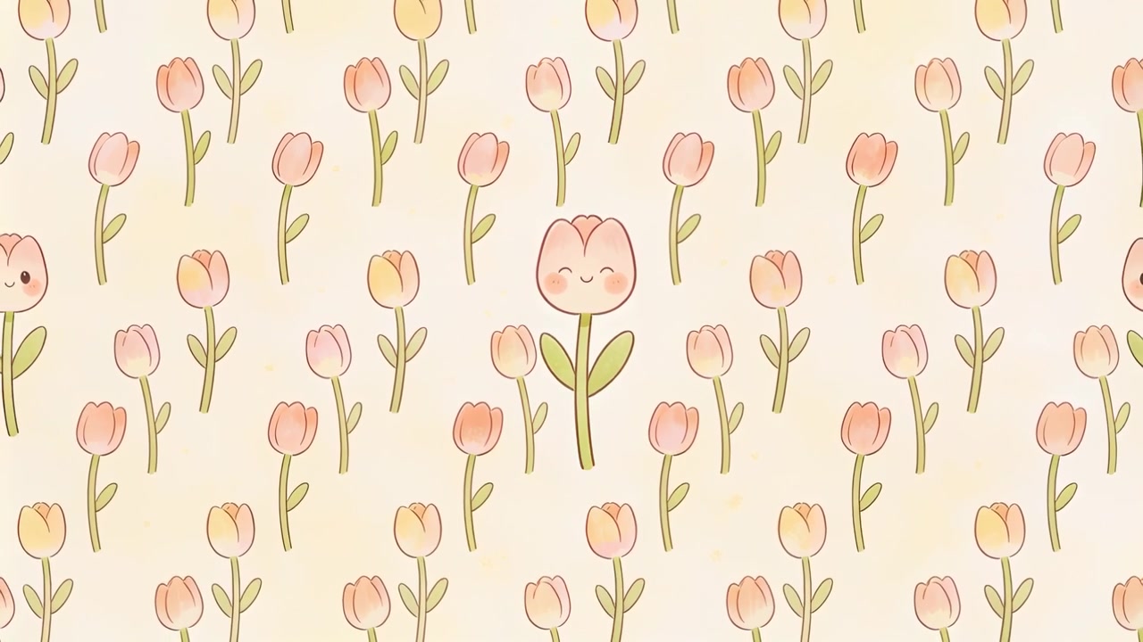 Animating central tulip changing face on cream paper, looping with repeating tulips for wallpaper