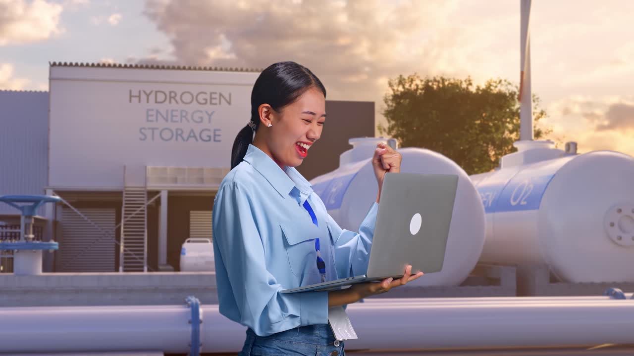 아시아 여성 노동자가 녹색 수소 공장에서 노트북을 들고 서서 하이테크 산업 시설에서 노트북에 타이핑 한 후 소리 지르는 목표로 주먹을 들어 올립니다.