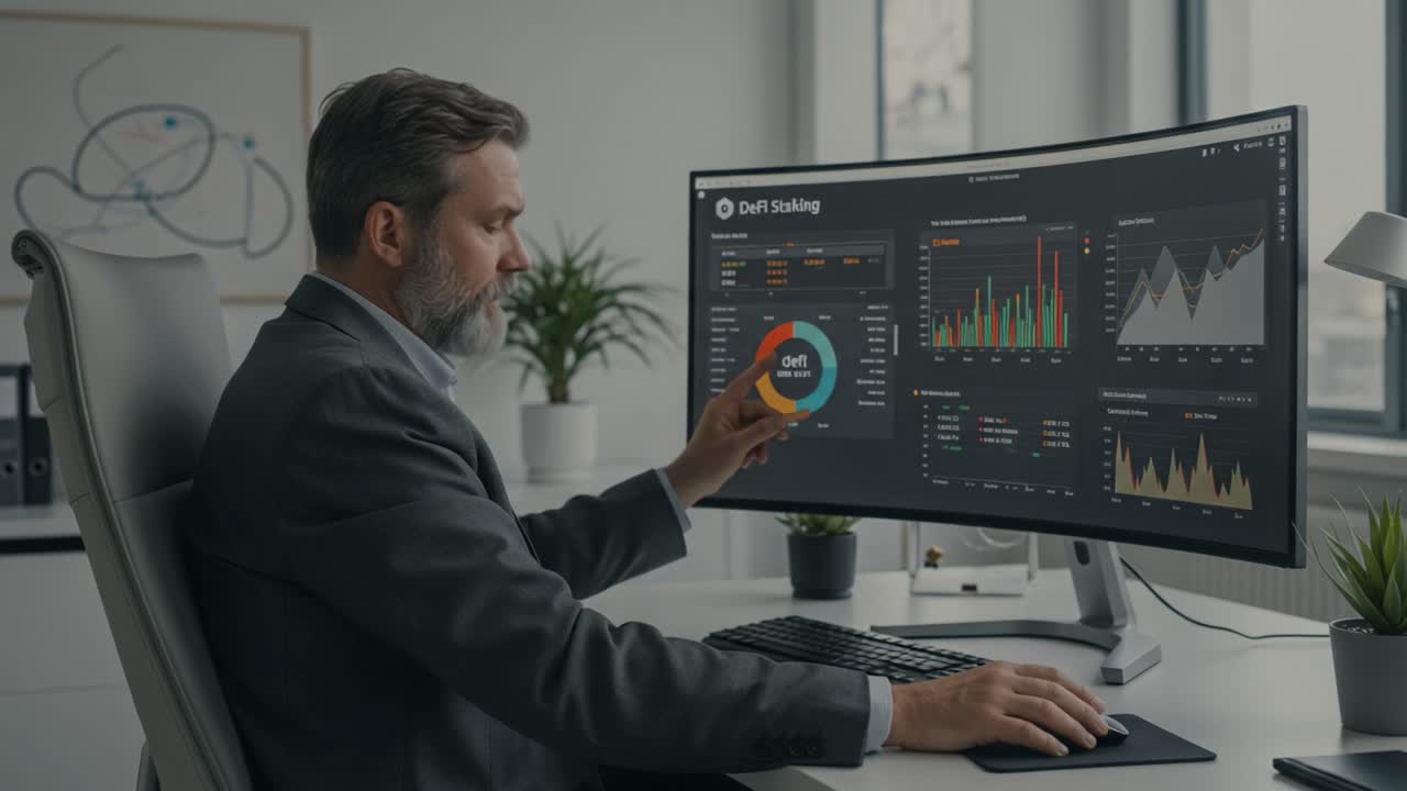 A focused professional analyzing financial data on a modern curved monitor, depicting various metrics and graphs related to digital assets and market trends, showcasing analytical skills