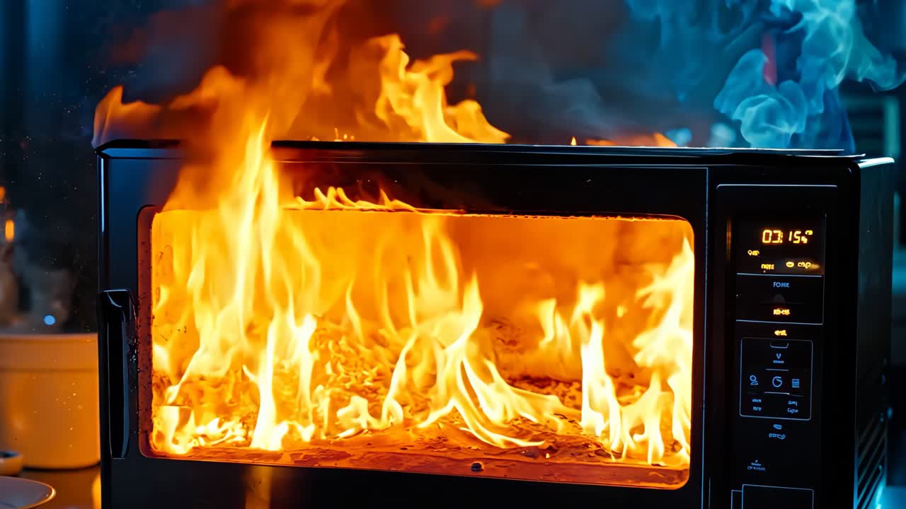 주방 카운터에서 불꽃이 나오는 마이크로파 오븐