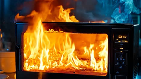 un horno de microondas con llamas saliendo de él en un mostrador de la cocina