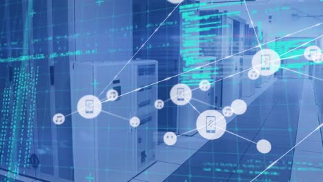 Animation-of-network-of-digital-icons-and-data-processing-against-computer-server-room