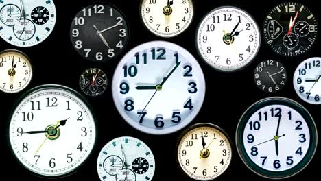 various clock in one frame time lapse. time concept footage made of real, different clock faces. showing different time on black background. 4k.