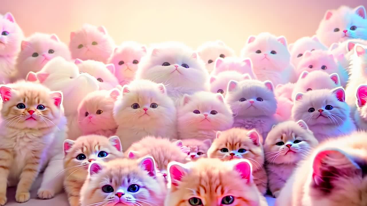 A whimsical video concept featuring a low-angle view of fluffy, pastel-colored kittens