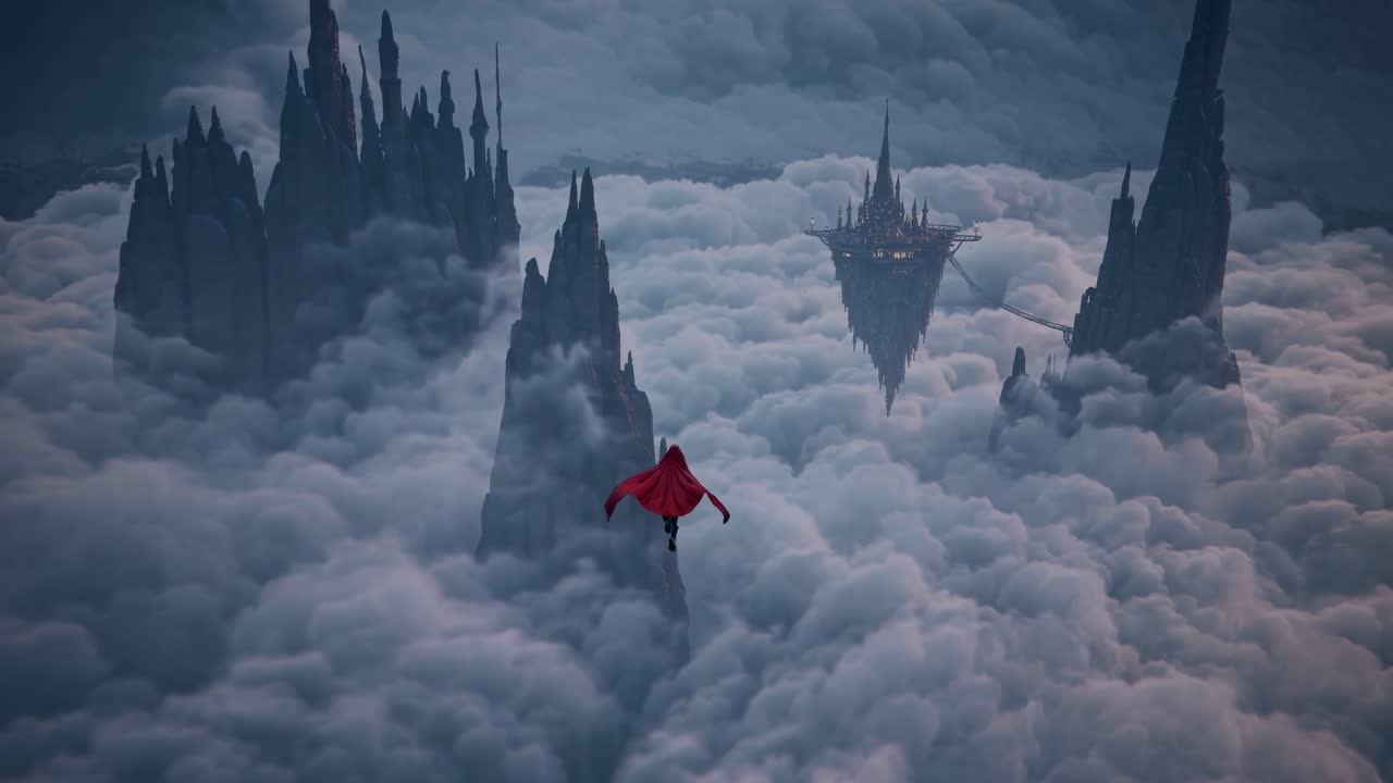 A figure in a red cloak glides through a surreal landscape of towering spires and dense clouds