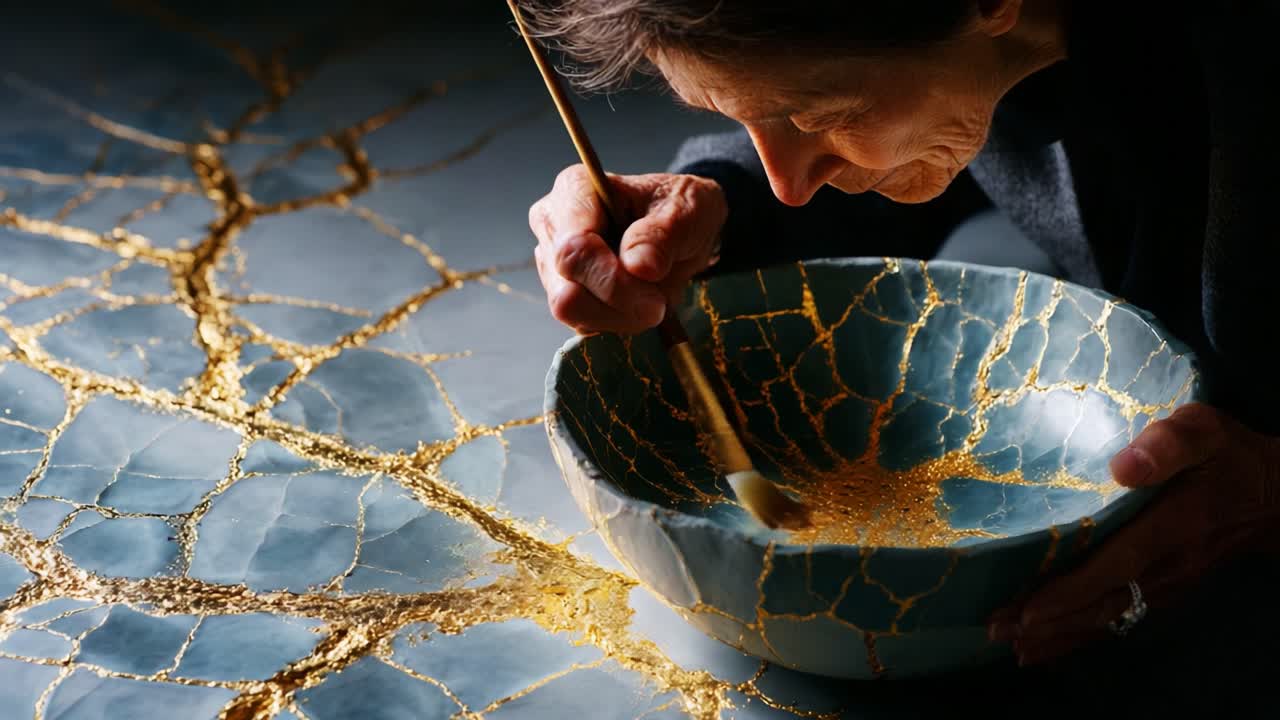 A Skilled Artisan Delicately Repaints a Cracked Ceramic Bowl Using the Traditional Kintsugi Technique, Highlighting the Beauty of Imperfections with Gold Lacquer