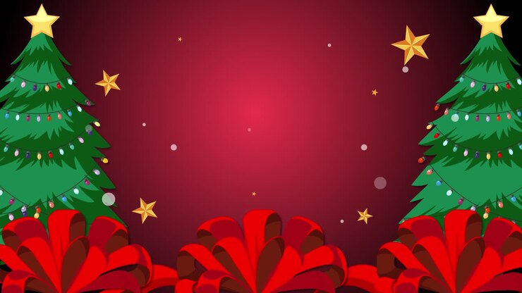 Animated Christmas trees with twinkling stars and gifts.