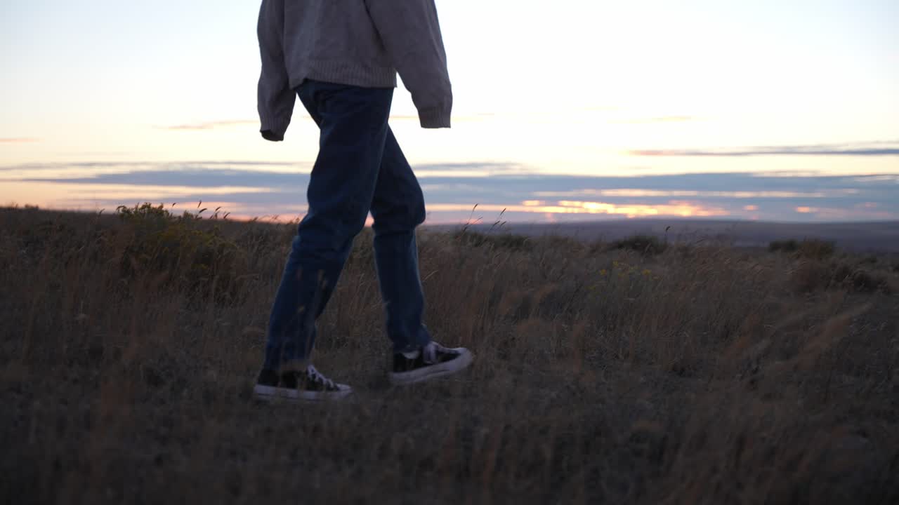 슬로우 모션으로 일몰에 키 큰 잔디를 걷는 모델