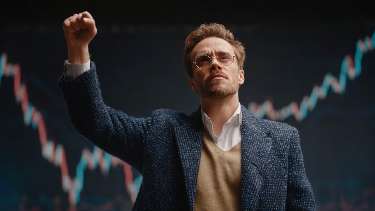 A Determined Individual Raises His Fist in Triumph, Surrounded by Rising Financial Charts Symbolizing Success and Achievement in Investing and Market Trends