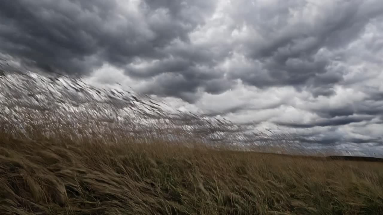 Dramatic low-angle video of windswept grass under a stormy sky, capturing the dynamic movement