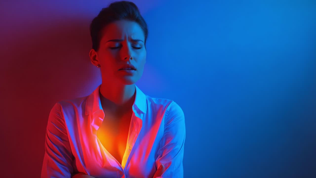 Un ritratto emotivo intenso di una donna con illuminazione a contrasto, che cattura vulnerabilità e turbamento interiore attraverso l'uso audace del colore e dell'espressione.