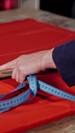 female tailor is drawing sketch lines with a soap and a ruler on red fabric. preparing details of material for new, modern dress or other clothes. feminine hobby. vertical video