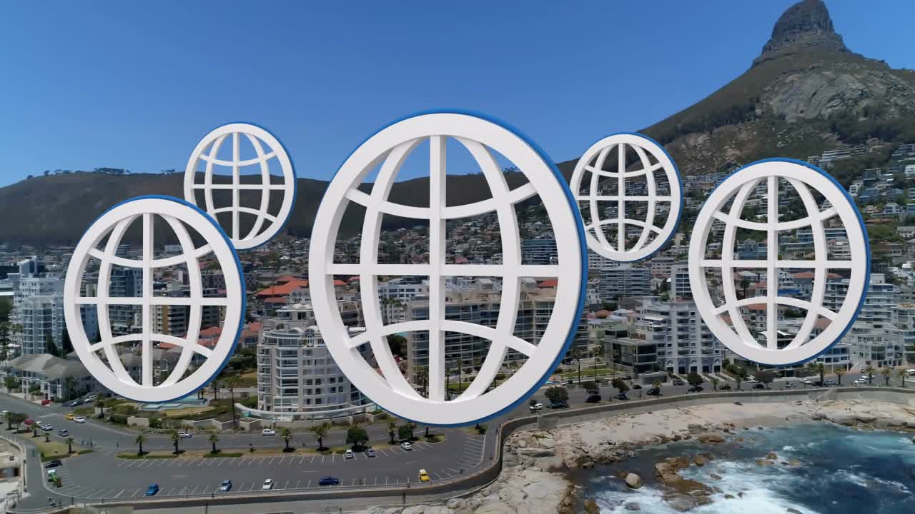 3D-globusikoner som flyter over kystlinjen og fremhever kystveien og detaljer i den steinete strandlinjen