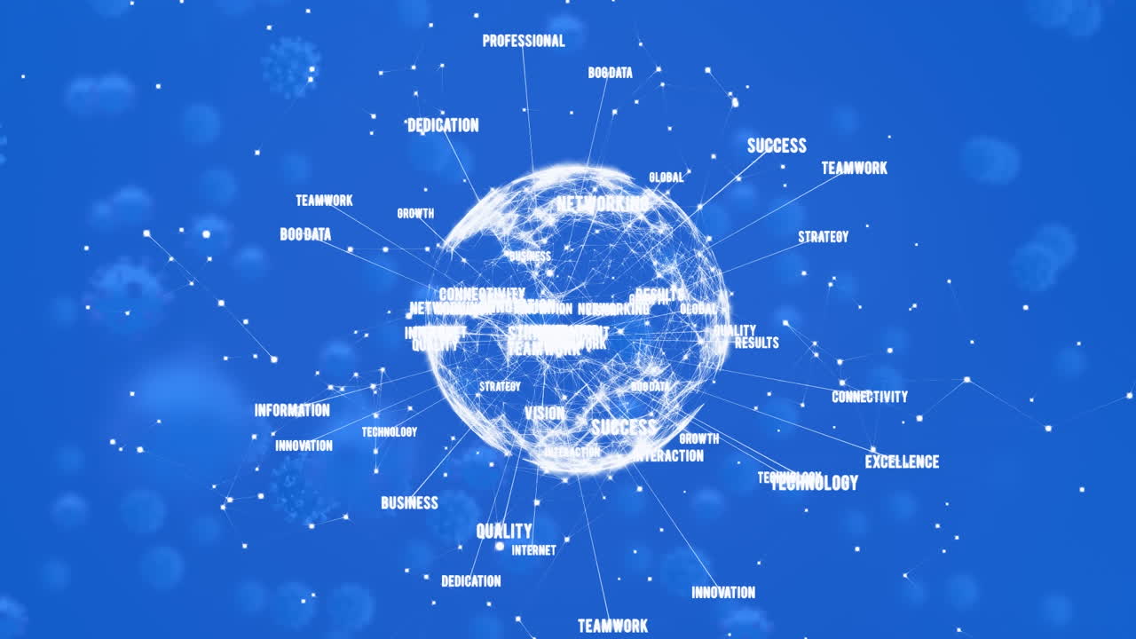 파란색 배경에서 데이터 처리를 통해 전 세계 코로나19 세포의 애니메이션