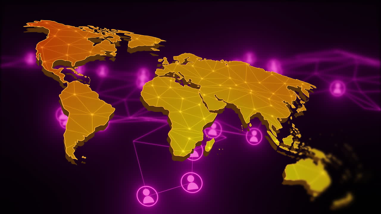animación de conexiones de red global sobre el mapa del mundo con íconos brillantes