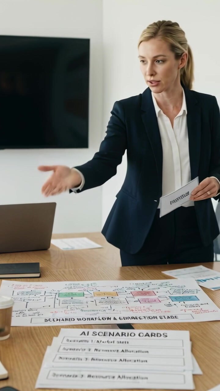 Video verticale: Presentatore principale in abito blu navy che reagisce al flusso di lavoro, assegnando schede AI a un tavolo da riunione.