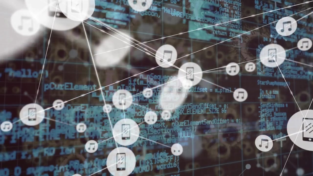 Animation of network of connections over virus cells and data processing