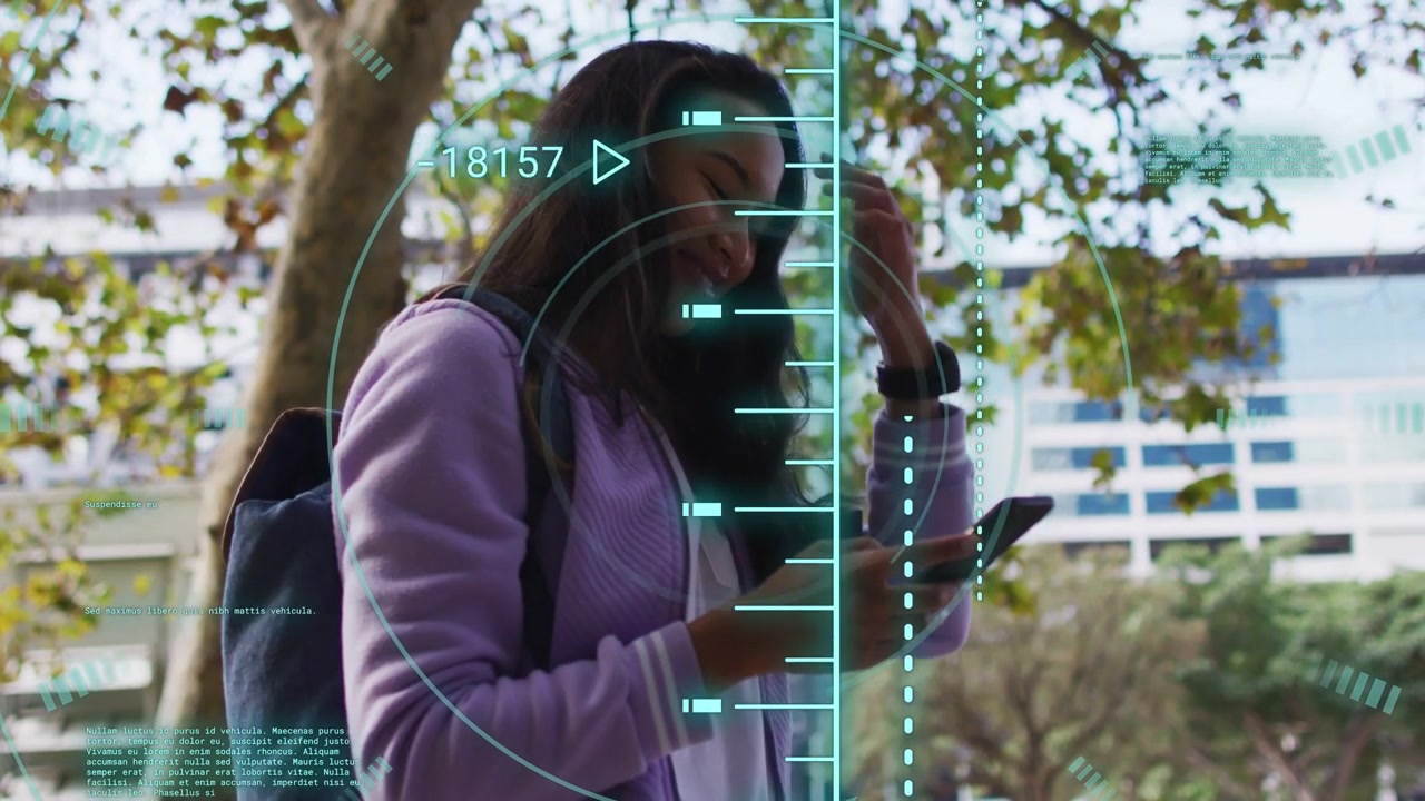 Student tapping smartphone under tree on campus, showing tech HUD and checking alerts, smiling