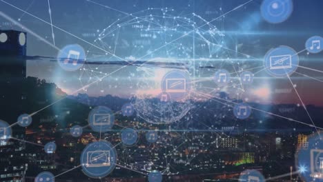 animation of network of digital icons and globe of network of connections against view of cityscape