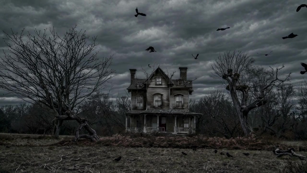 Casa abandonada espeluznante con cuervos volando en un día sombrío