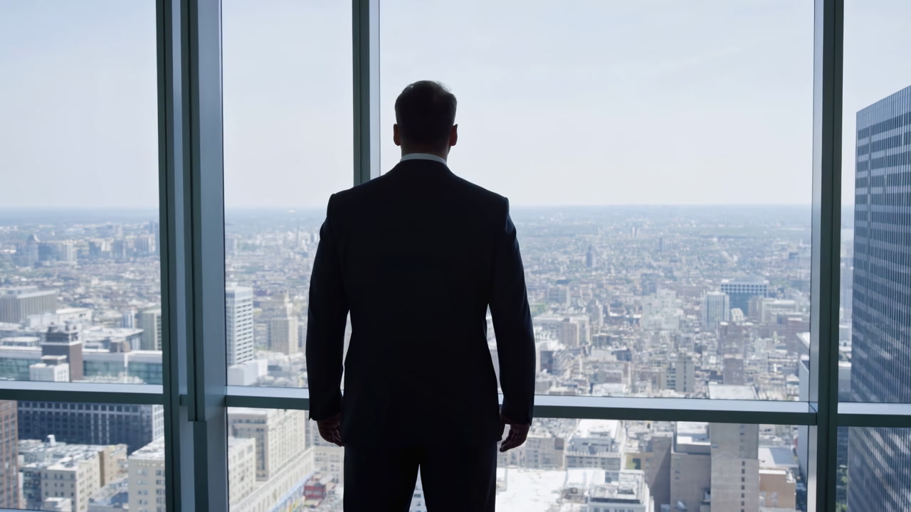 Man In Suit Overlooking City Skyline Through Glass Window, Executive Silhouette Framed By Panoramic Urban