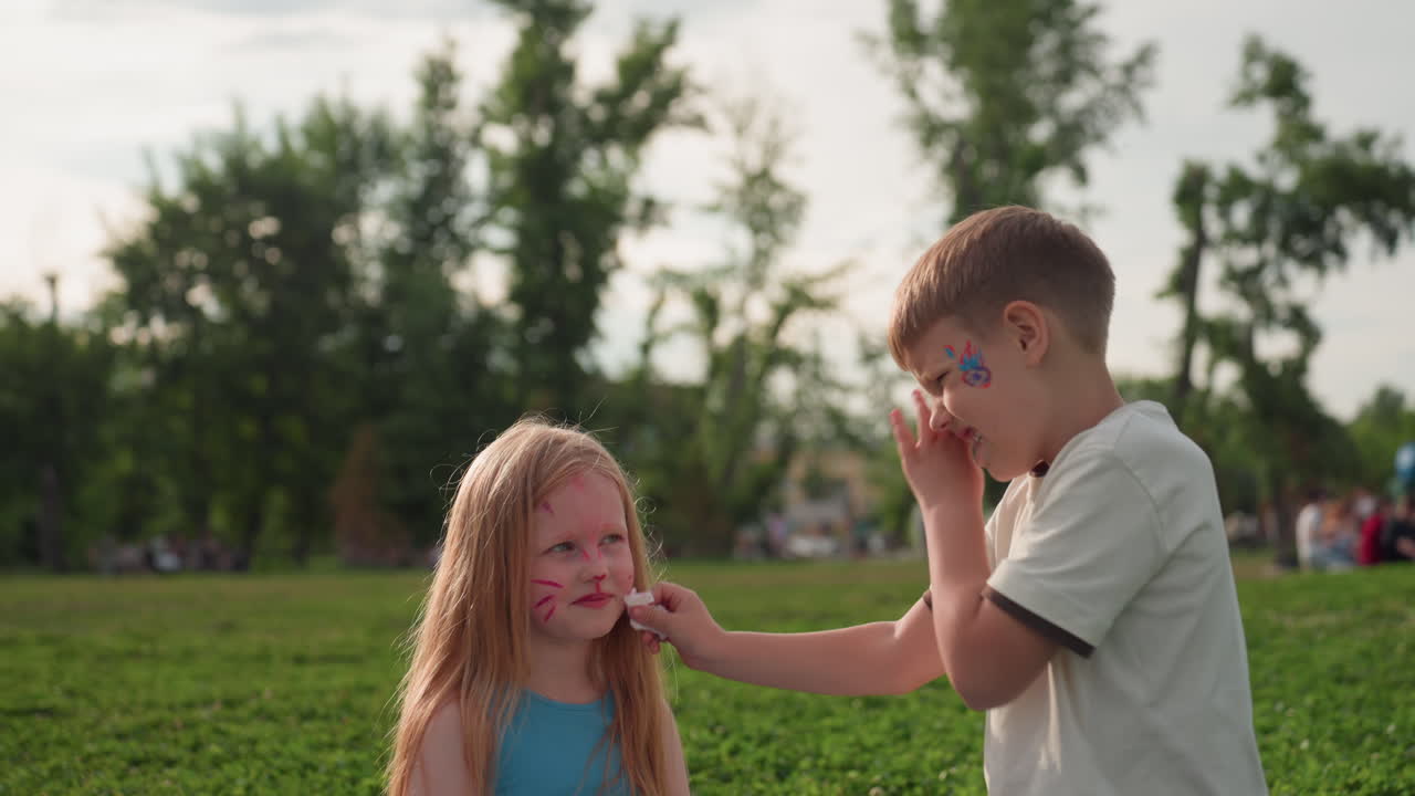brother gently wipes sister face paint with soft wipe while they sit on grass in sunny park, capturing tender loving sibling moment of care and playful bond under warm afternoon light