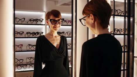 woman trying on glasses in an optician's