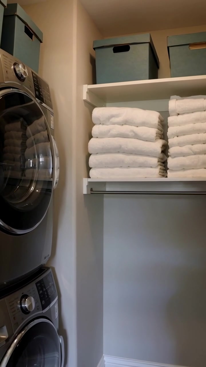 Vertical video: Panning camera into laundry closet, showing stacked washer or dryer, shelves, towels