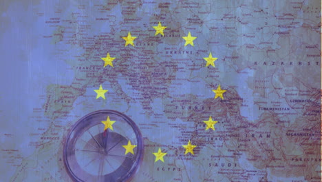 animation of european union flag over map of europe and compass