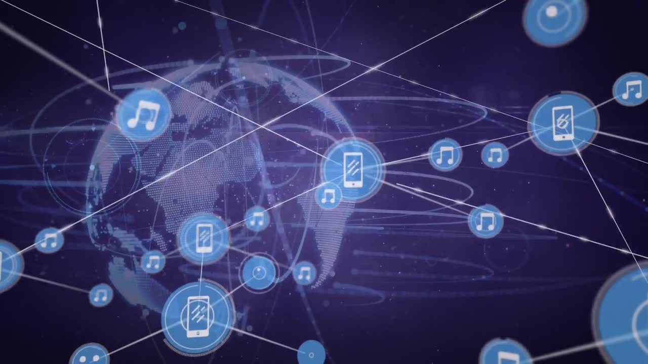 animación de una red de iconos digitales contra rastros de luz sobre un globo giratorio sobre un fondo púrpura