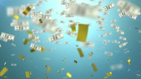 animation of confetti and american dollar bills falling on blue background