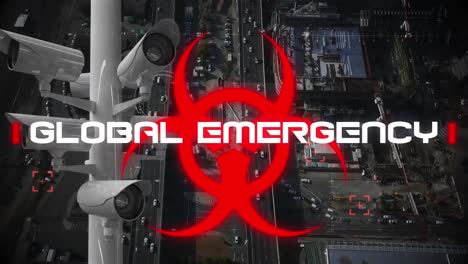 palabras de emergencia global escritas sobre un letrero de peligro para la salud con cámaras en movimiento