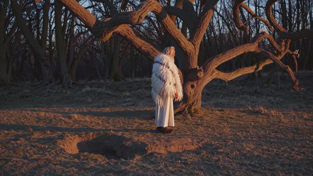 Ethereal figure in flowing white attire stands beneath a gnarled tree, surrounded by a serene landscape, capturing a moment of tranquil reflection and connection with nature