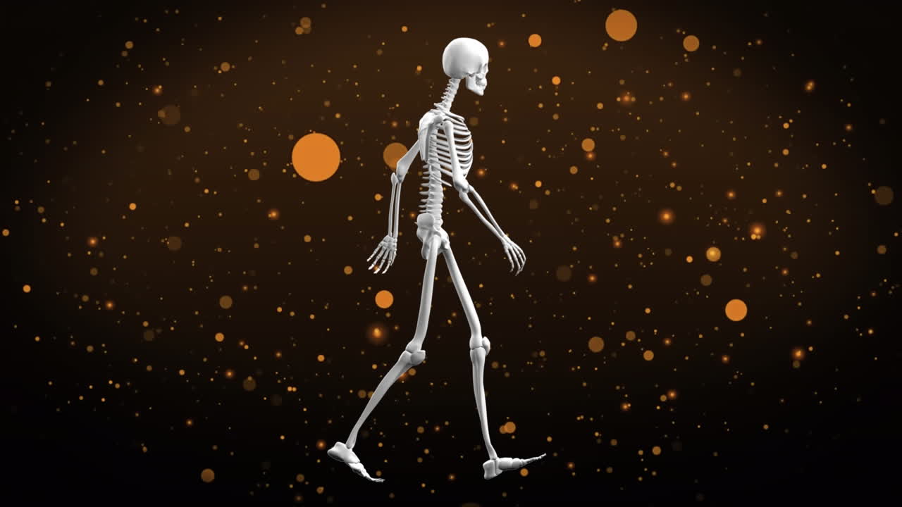 Animation of human skeleton model walking and yellow spots against brown textured background
