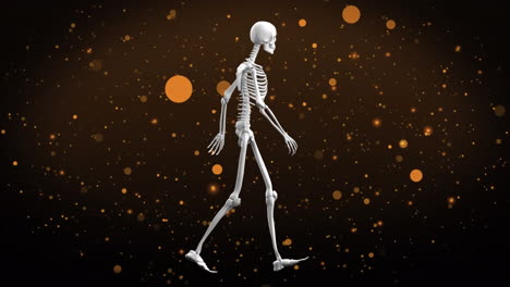 animation of human skeleton model walking and yellow spots against brown textured background