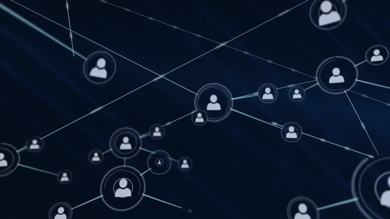 Animation of network of profile icons over blue light trails against black background