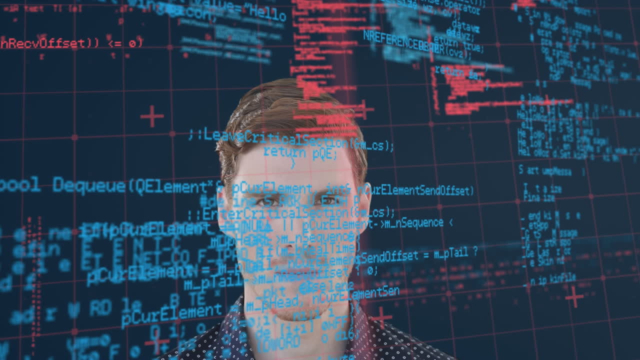 animación de la interfaz con la cuadrícula y el procesamiento de datos rojo y azul sobre el hombre caucásico sonriente