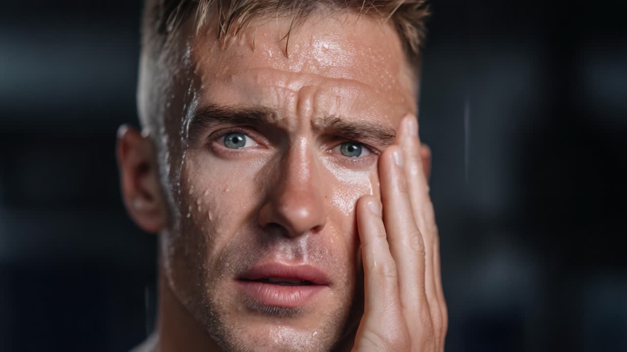 An Intense Moment of Emotion Captured: A Close-Up of a Man's Expression of Struggle and Determination Amidst a Vigorously Sweaty Workout Session