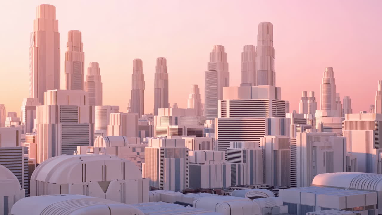 Horizonte de cidade futurista ao pôr do sol banhado em luz rosa quente, aglomerados imponentes de arranha-céus elegantes, cúpula curva.