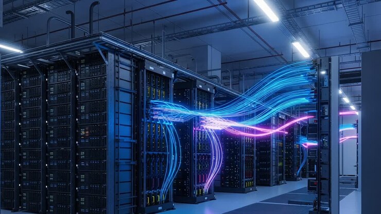 Illuminated Data Center: A Futuristic Display of Server Technology with Dynamic Light Streams Representing Data Transmission and Connectivity in Modern Computing Environments