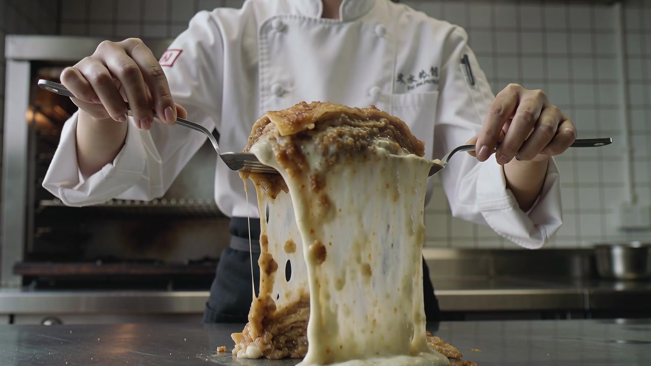 Posizionamento di utensili, chef in giacca con logo che separa un piatto impilato durante la preparazione mostrando l'effetto filante del formaggio